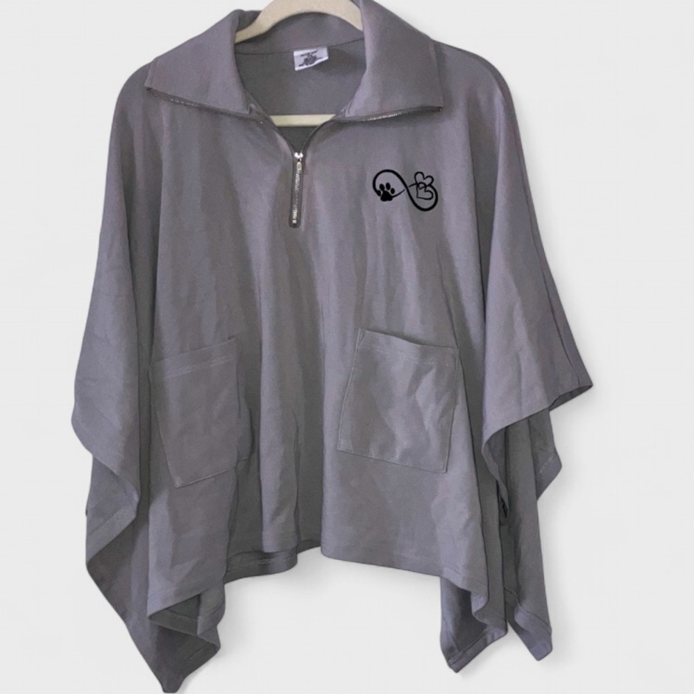 Aegean Animal Embroidery Paw Light Gray Poncho Quarter Zip Pullover Top S/M